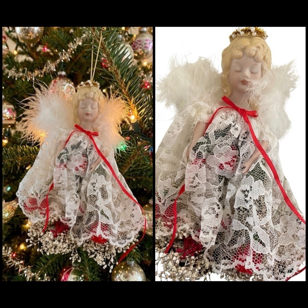 VTG Angel Feather Wings Porcelain Face Ornament Lace Dress Roses Baby Breath 8”L